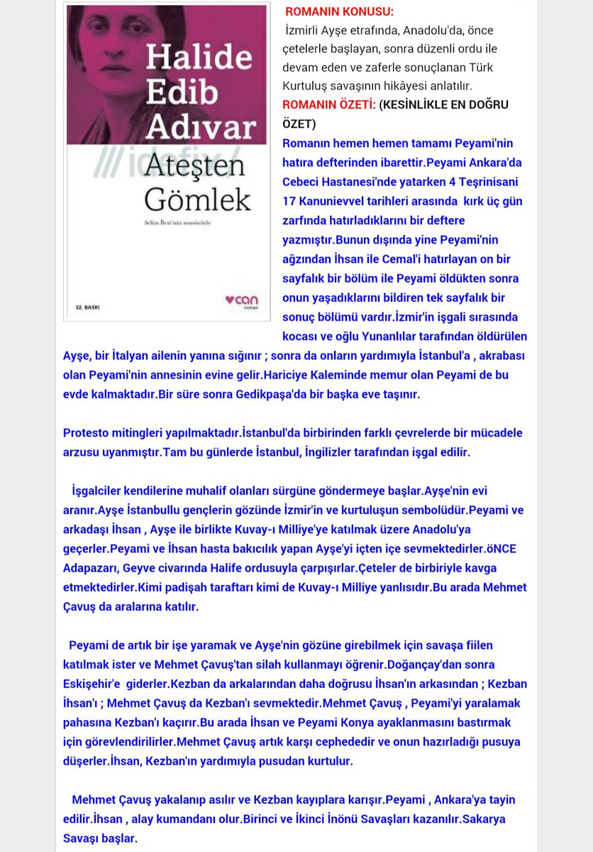 Atesten Gomlek Halide Edip Adivar Kitap Ozeti Aol Acik Ogretim Lisesi 2020 2021