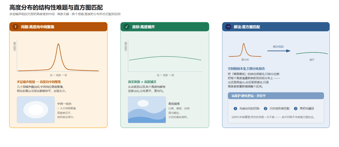 高度分布的结构性难题与直方图匹配:左「多层噪声相加→高度向中间聚集」,中「真图分布=铺开」,右「按分位重映射到真图分布→铺开、空间格局不变」,附坑保护说明