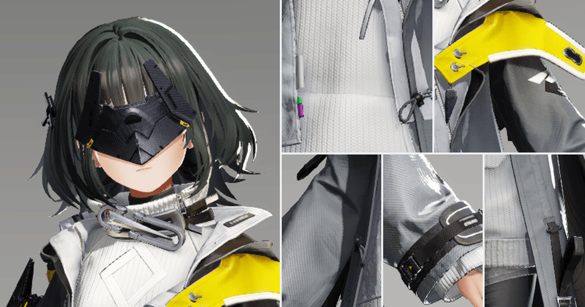 Character materials: hair, visor, knitwear, coated shoulder, sleeve and garment hem