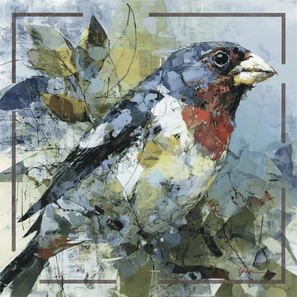 Rose in the Grey, mixed media painting of a Rose-breasted Grosbeak among abstract botanical shapes in blue, green and rose by Tracey Lee Green