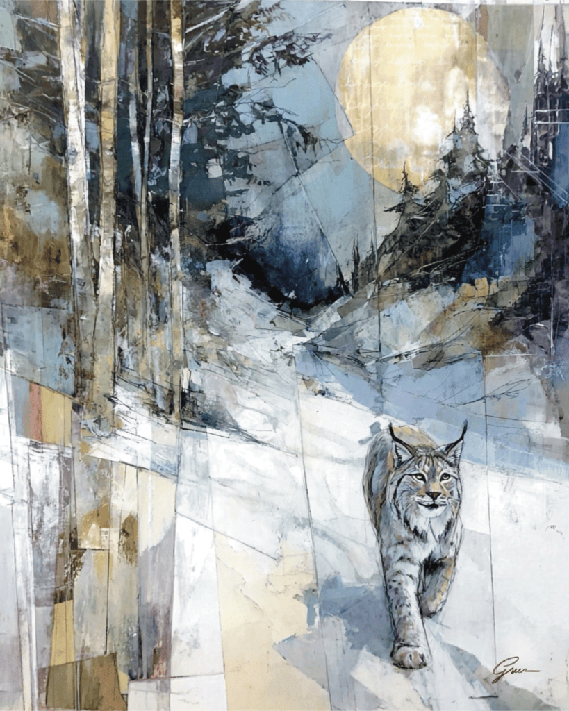A Solitary Path, mixed media painting of a lynx in a snowy forest beneath luminous winter light by Tracey Lee Green