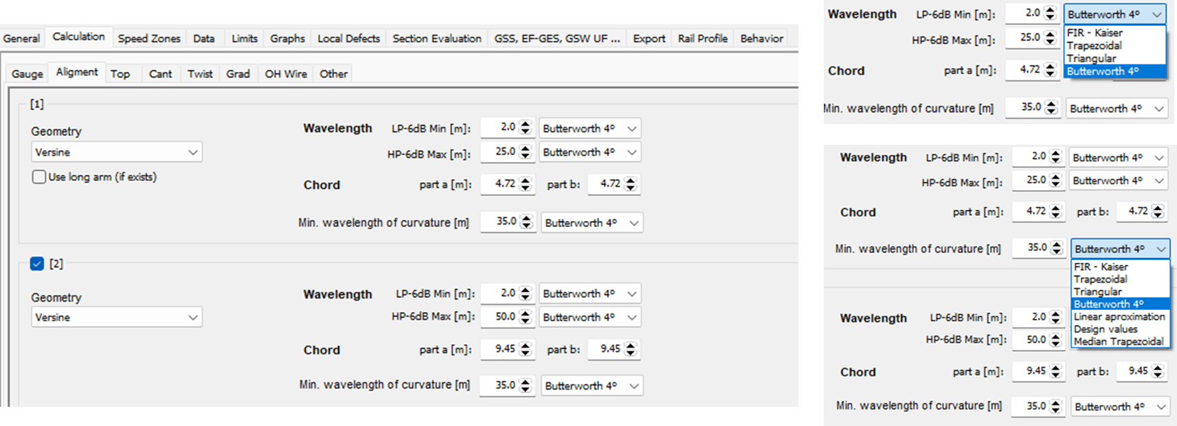 Geometry filter settings screen