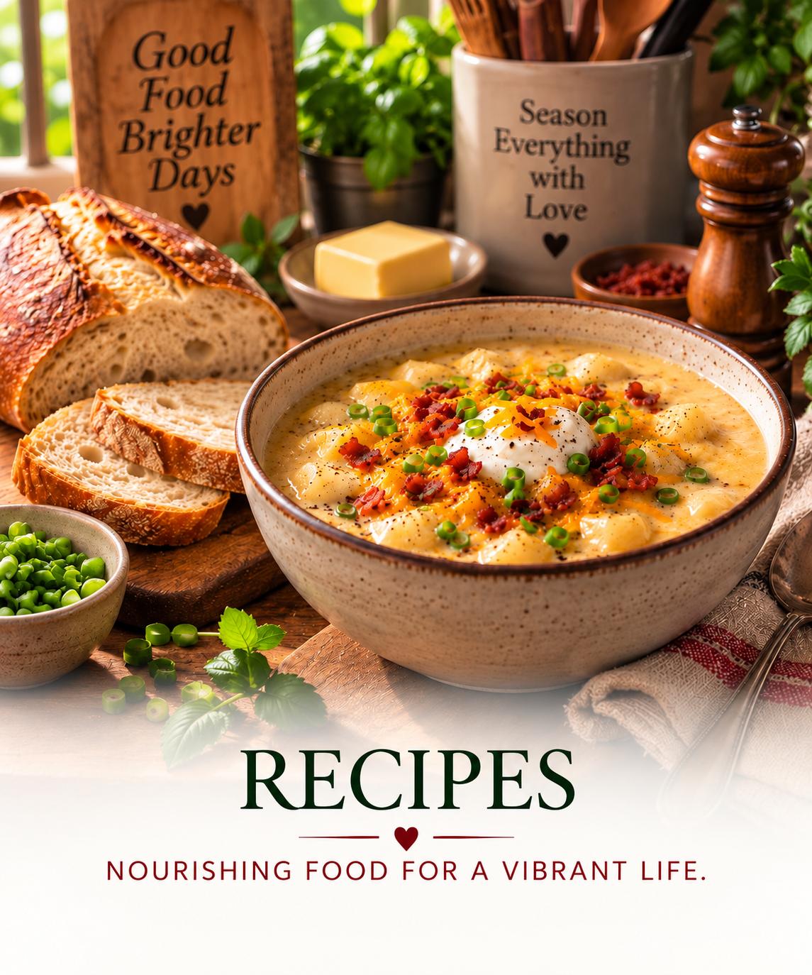 Homemade loaded potato soup with fresh bread and ingredients
