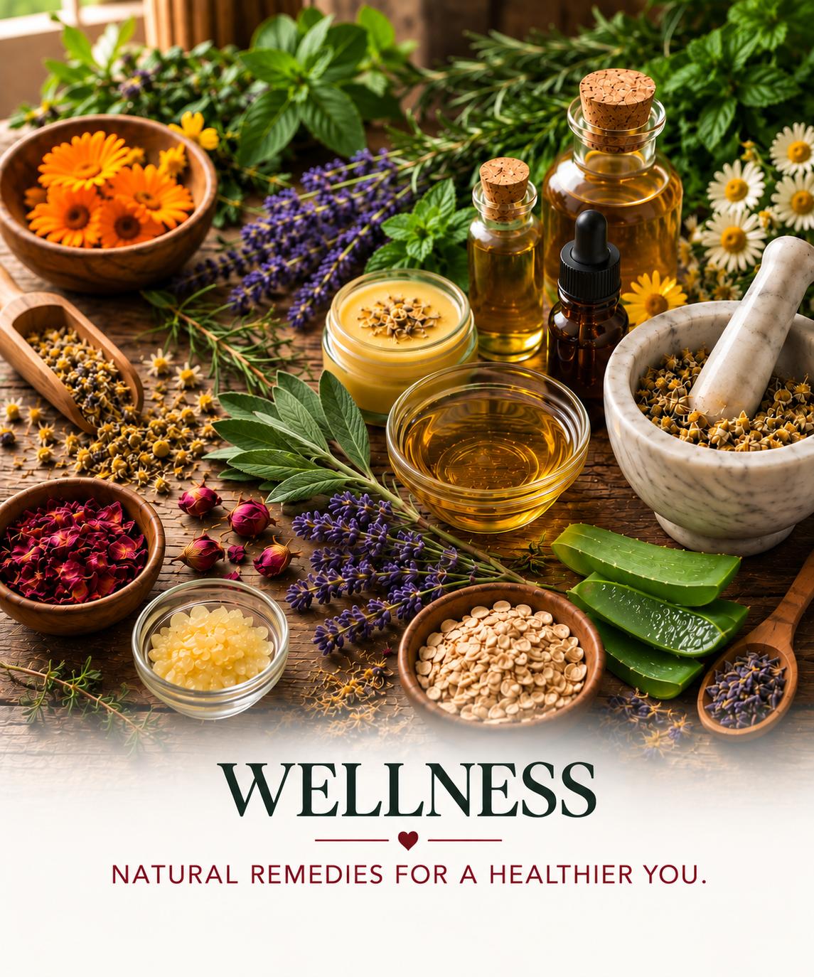 Natural wellness and home remedies with herbs, oils and botanical ingredients