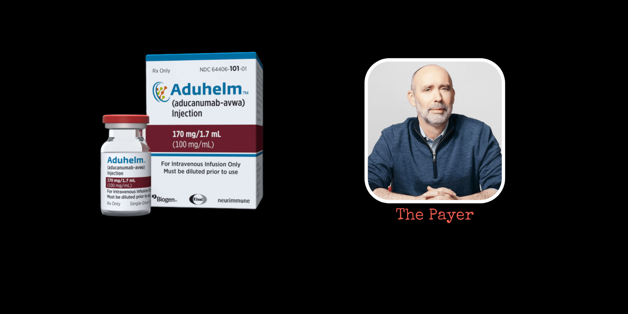 Aduhelm injection vial and box next to a portrait of a man labeled "The Payer."