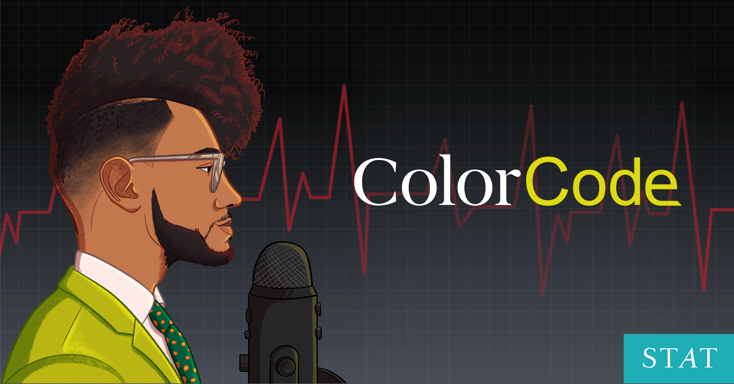 Illustration of a person in profile with a microphone, the word "ColorCode," and a red ECG line on a dark background.