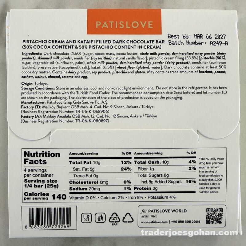 Trader Joe's Patislove® Pistachio Dark Chocolate Dubai Style
