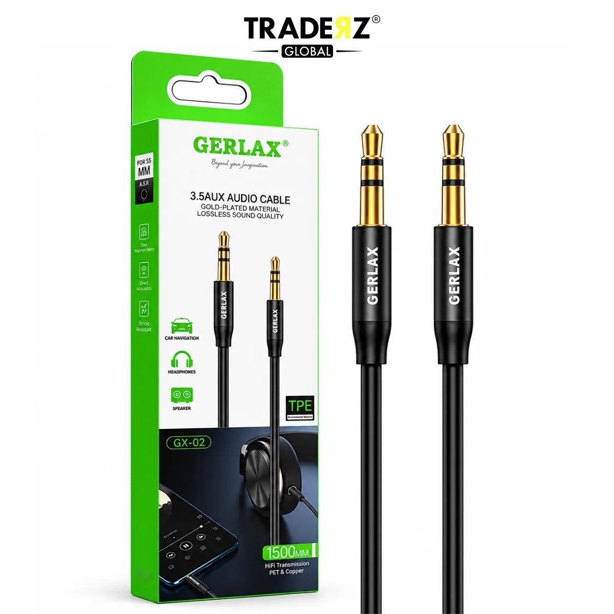 GERLAX GX-02 3.5mm AUX Cable 1.5M – Gold Plated