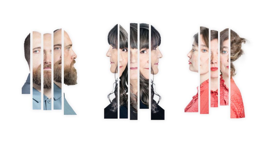 Nathaniel Mann, Marry Waterson and Lisa Knapp - the three members of Hack Poets Guild - stand in a row, with their visages sliced as if in a collage.
