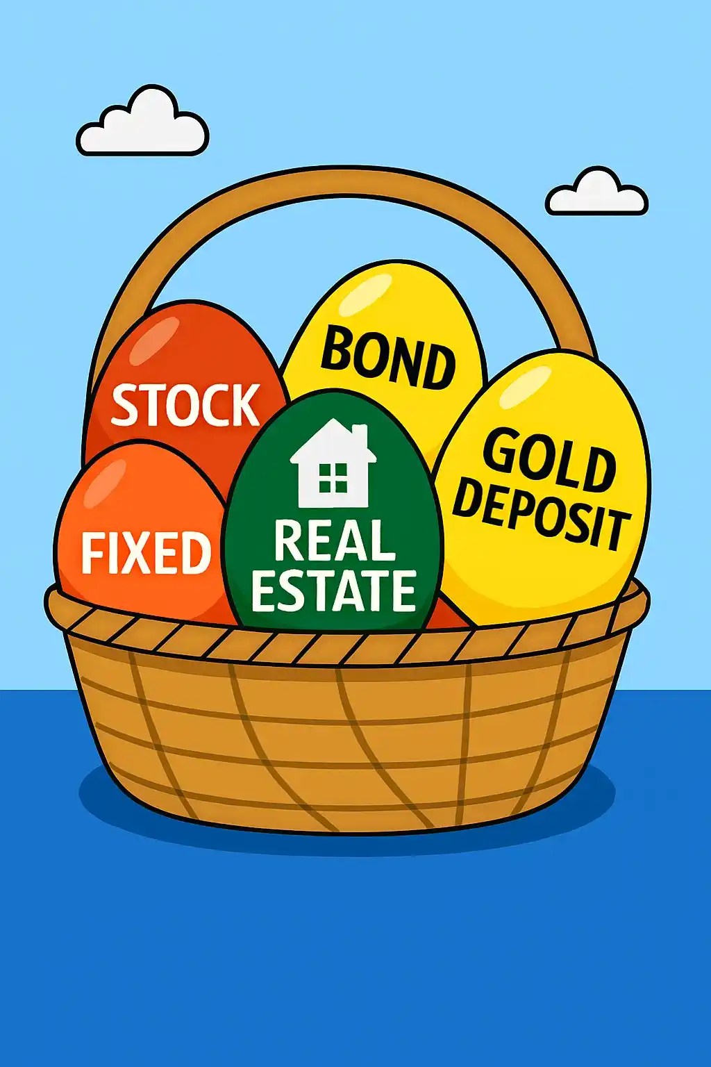 Infographic illustrating the concept of diversification by showing various assets in one basket.