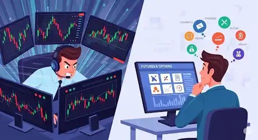Cartoon illustration contrasting a busy intraday trader with multiple screens showing fluctuating charts, against a focused F&O trader analyzing contract data.