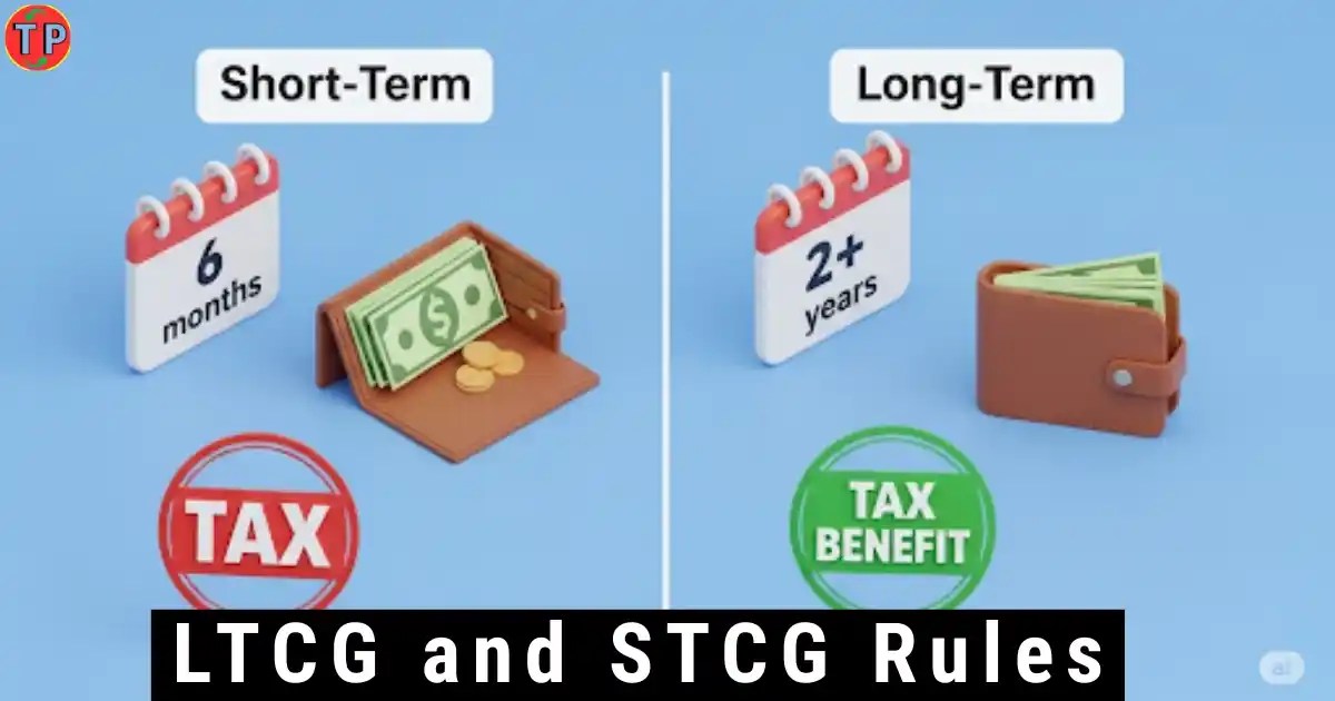 Isometric 3D graphic showing a comparison between short-term investment with a red tax stamp and long-term investment with a green tax benefit stamp, illustrating LTCG and STCG concepts.