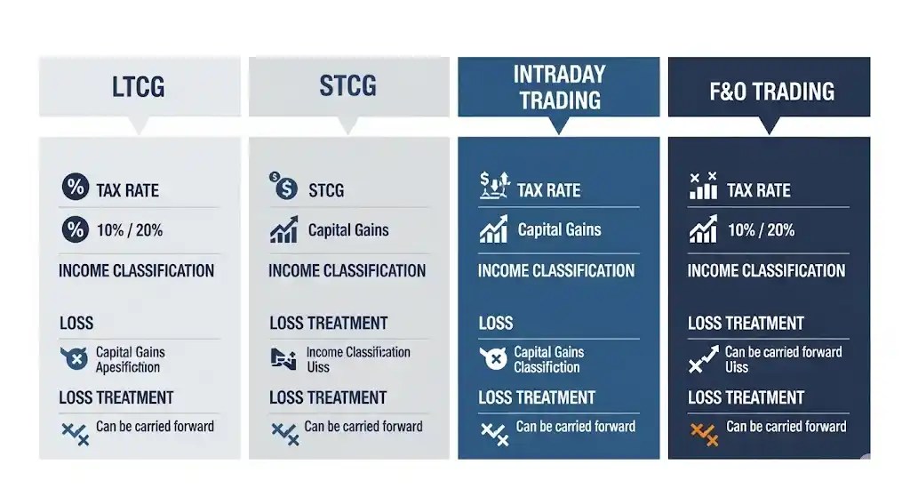 Infographic comparing Indian stock market tax rules for LTCG, STCG, Intraday Trading, and Futures & Options, highlighting tax rates, income classification, and loss treatment.