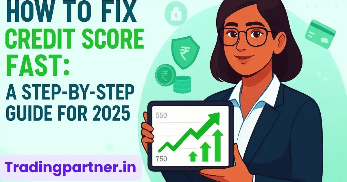 Young Indian professional improving credit score from 550 to 750 with a rising graph on tablet, financial icons, how to fix credit score fast 2025 guide.