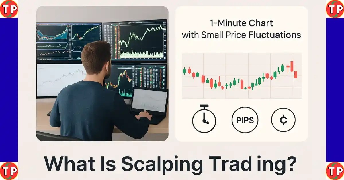 Illustration of scalping trading basics with quick trades and short timeframe charts.
