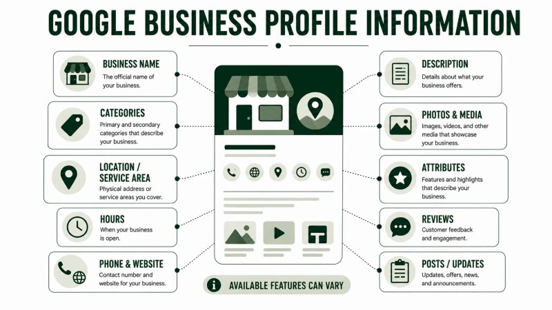 Types of information that may appear in a Google Business Profile, including categories, location, hours, contact details, photos, reviews, and posts