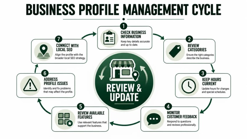 Seven-stage Google Business Profile management cycle covering business information, categories, hours, feedback, features, profile issues, and local SEO