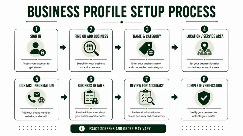 Eight-step Google Business Profile setup process from signing in and entering business details through review and verification
