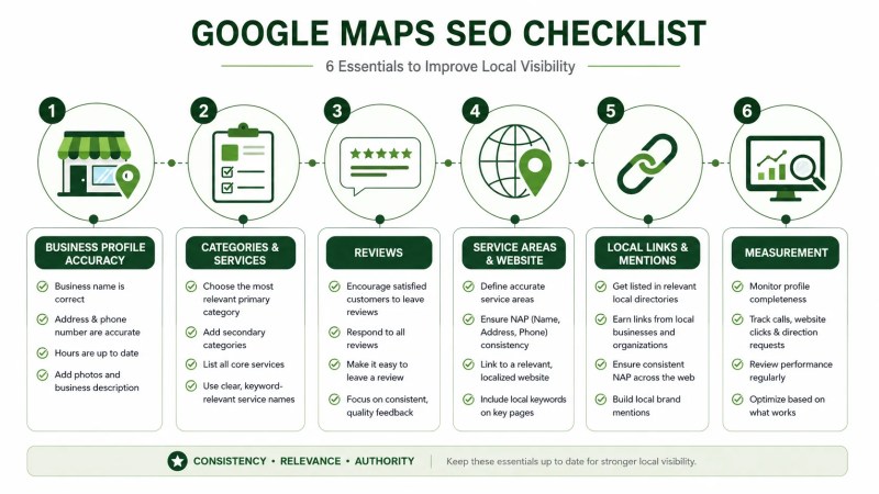 Google Maps SEO checklist covering profile accuracy, reviews, service areas, links, and measurement