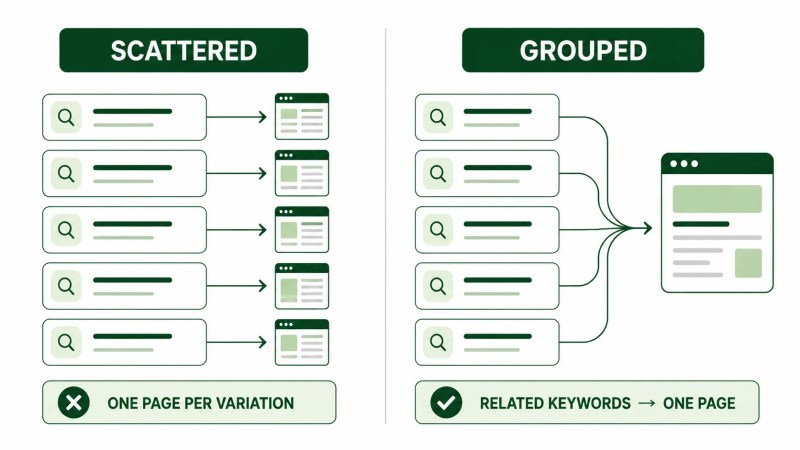 Comparison of separate keyword pages versus grouping related local SEO keywords on one page