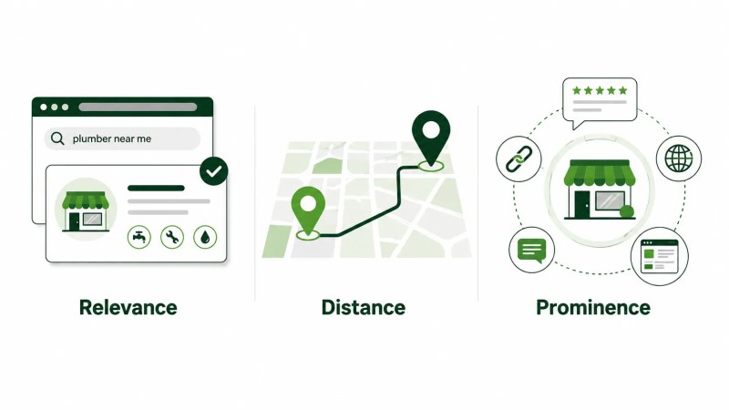 Infographic explaining relevance, distance, and prominence in Google Maps local search