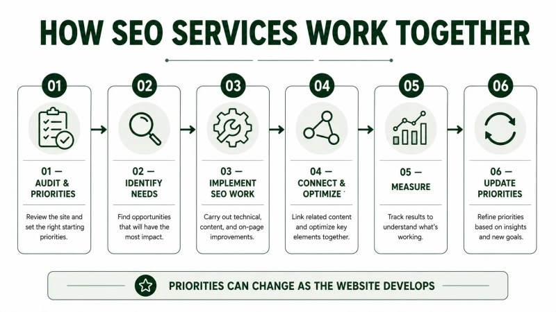 Six-step workflow showing how SEO services can work together