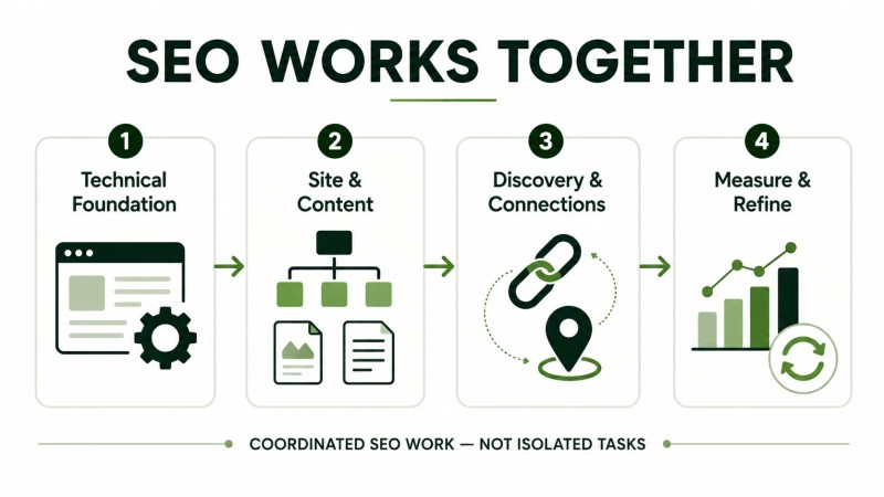 SEO workflow connecting technical foundations, site and content, discovery and connections, and ongoing measurement