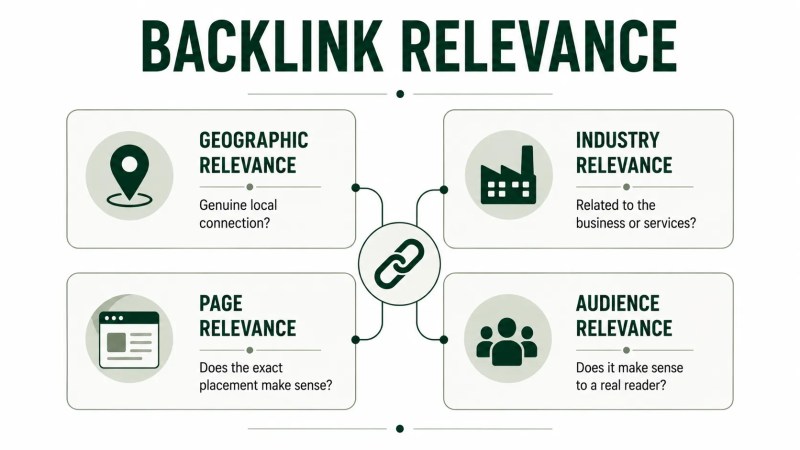 Four dimensions for evaluating backlink relevance: geographic, industry, page, and audience relevance