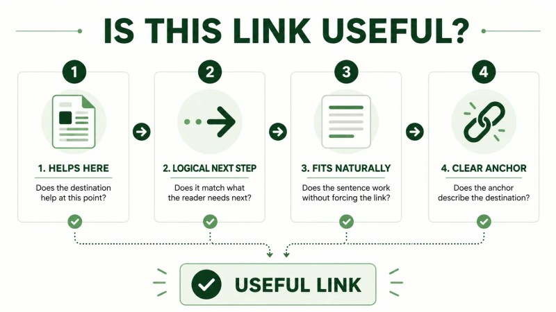 Four-question checklist for deciding whether an internal link is useful