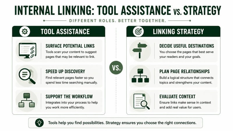 Comparison of internal-linking tool assistance and linking strategy, including link discovery, page relationships, and contextual decisions