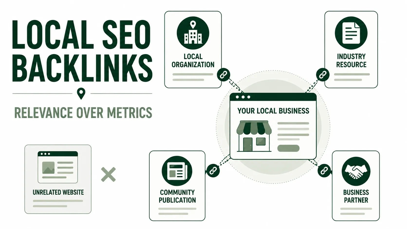 Local SEO backlink relevance illustrated through connections between a local business and related organizations and resources