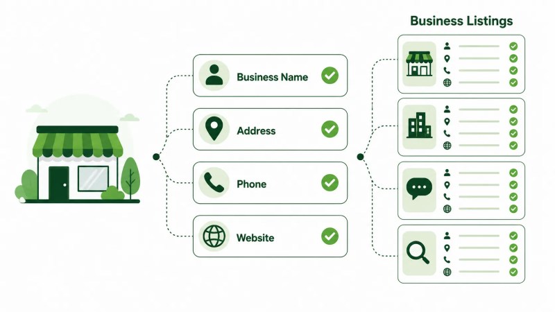 Business name, address, phone and website shown consistently across local SEO listings