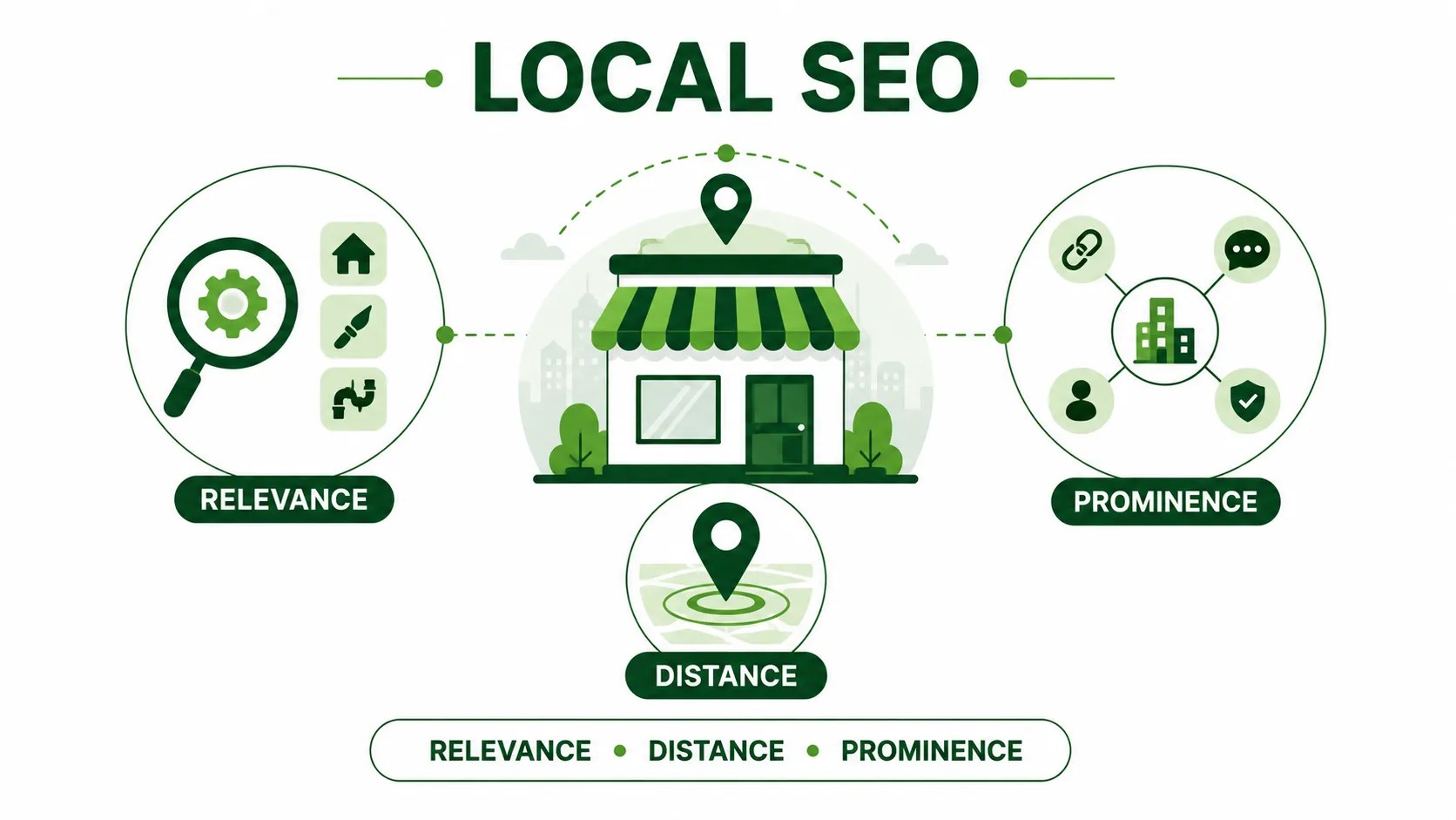 Local SEO illustration showing relevance, distance, and prominence