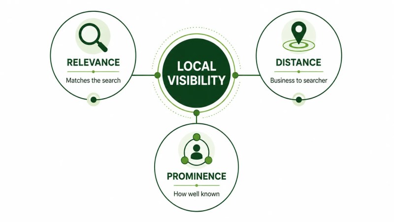 Local SEO visibility framework showing relevance, distance, and prominence