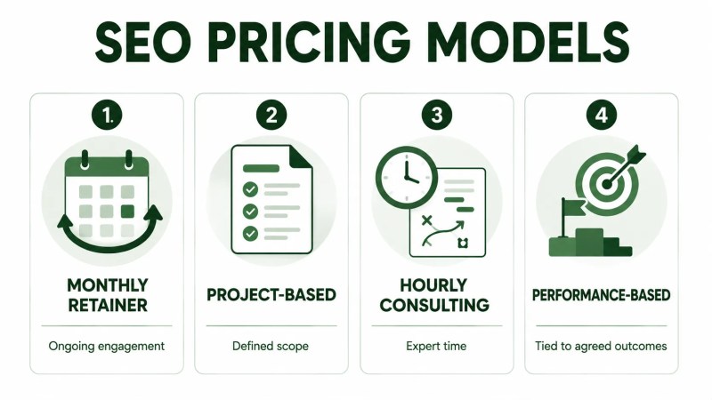 Comparison of monthly retainer, project-based, hourly consulting, and performance-based SEO pricing models