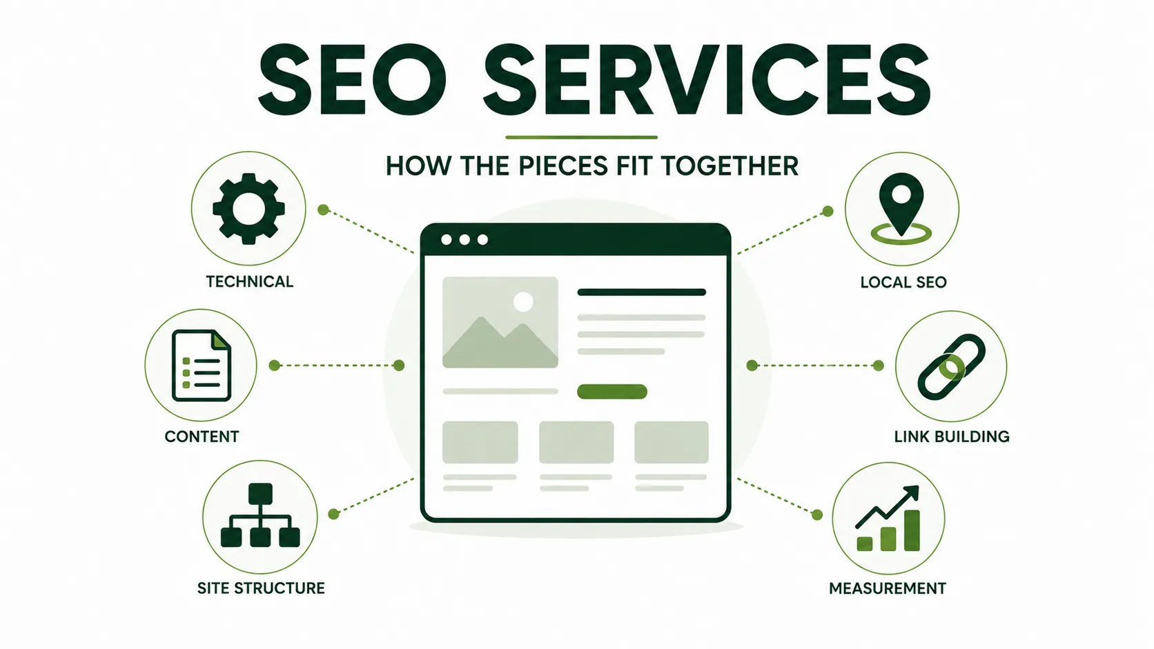 SEO services represented by connected technical, content, local, link building, and measurement concepts
