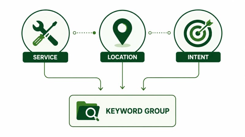 Service, location, and intent combining into a local SEO keyword group