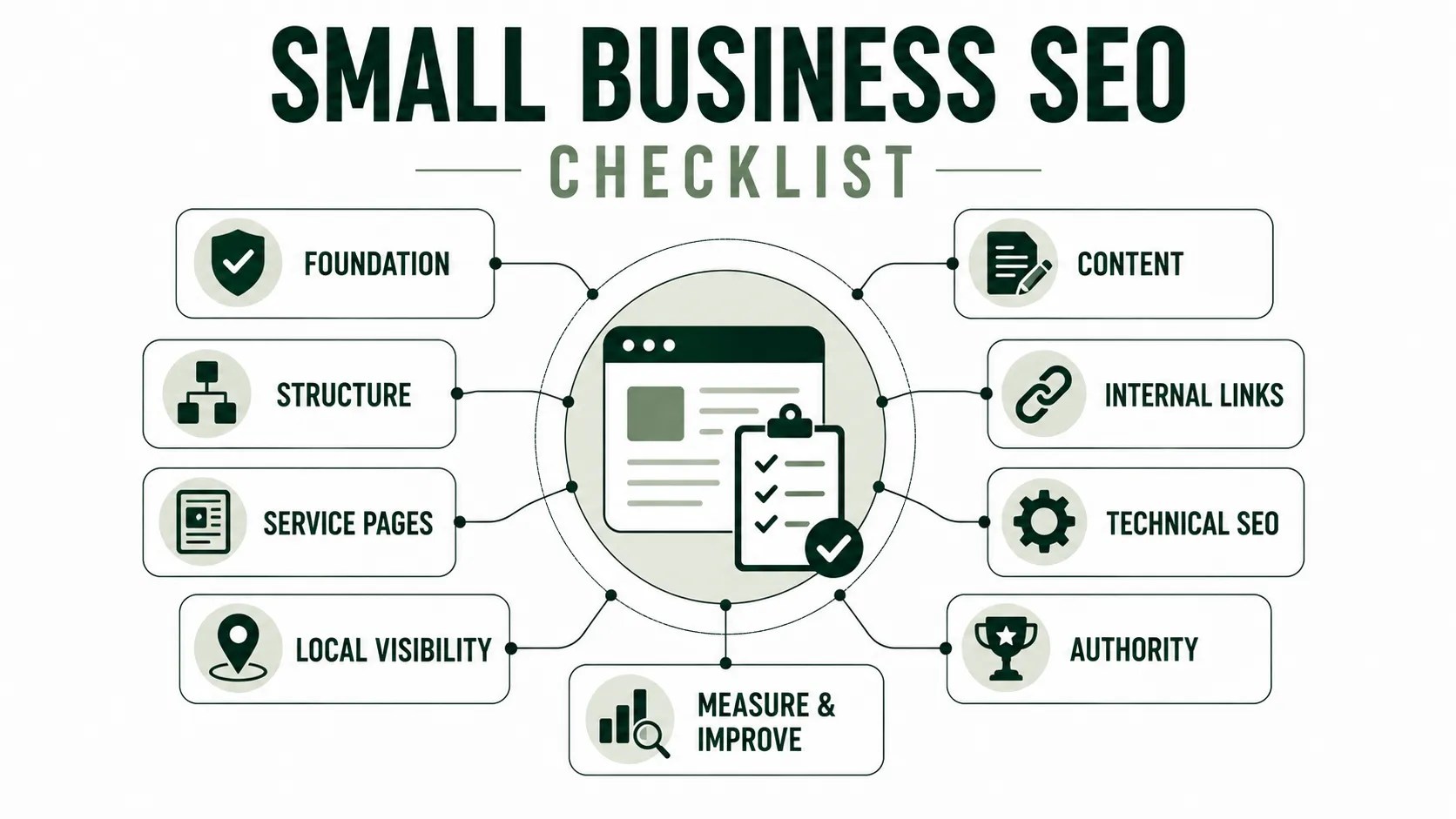 Small business SEO checklist covering website structure, service pages, local visibility, content, internal linking, technical SEO, authority, and measurement