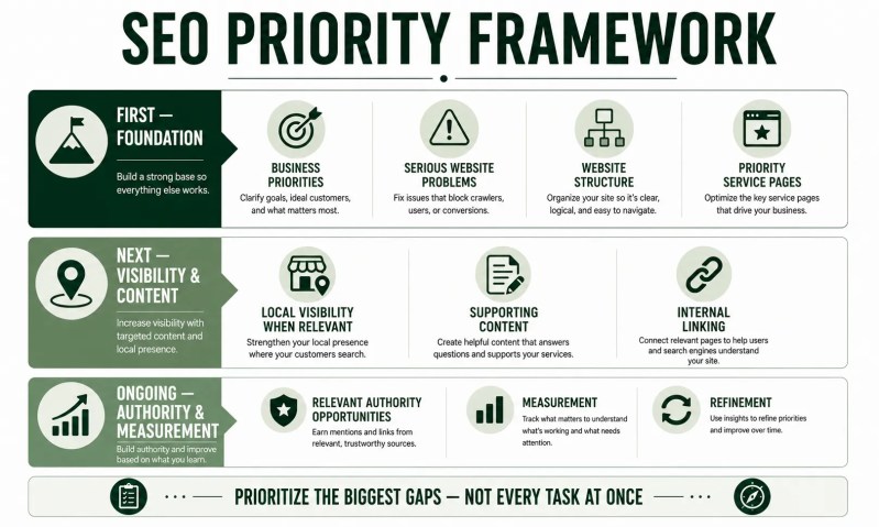 Small business SEO priority framework covering foundation, visibility and content, authority, and measurement