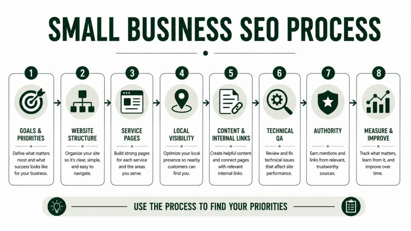 Eight-stage small business SEO process from goals and website structure through measurement and improvement
