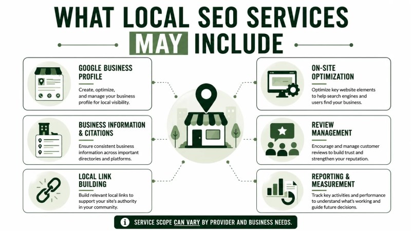 Six areas local SEO marketing services may include: Google Business Profile, on-site optimization, citations, reviews, local links, and reporting