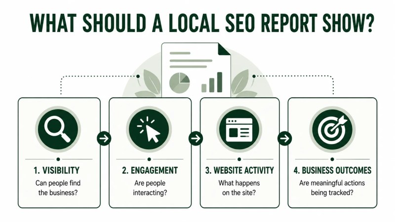 Four layers of a local SEO report: visibility, engagement, website activity, and business outcomes