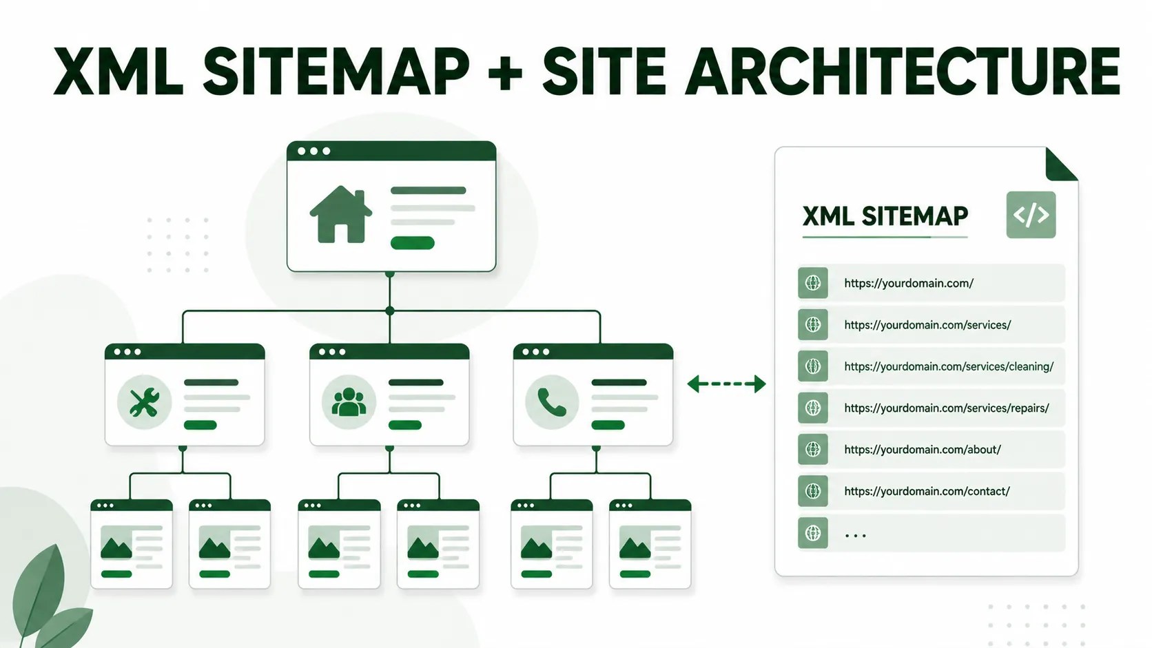 XML sitemap beside connected webpage nodes representing website architecture.