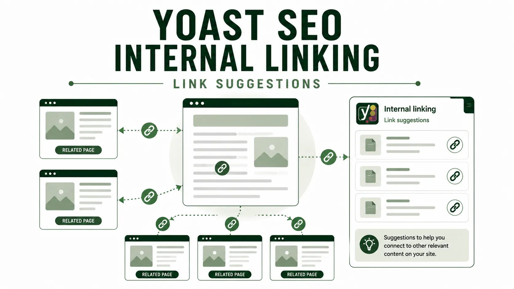 Conceptual illustration of Yoast SEO Premium suggesting potential internal links between related website content
