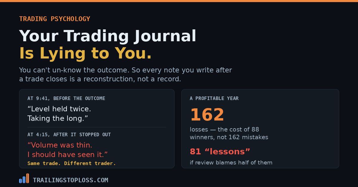 The same trade described two ways before and after its outcome, beside 162 losses in a profitable year