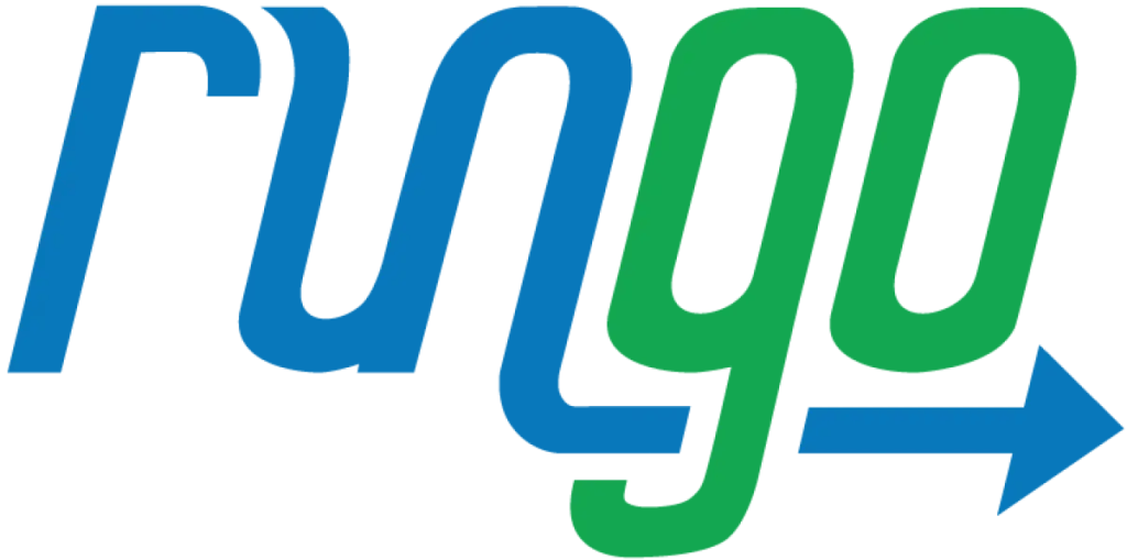 Rungo_logo.png: The image shows the stylized word “rungo” in blue and green letters, with an arrow extending from the bottom of the final “o” pointing to the right.