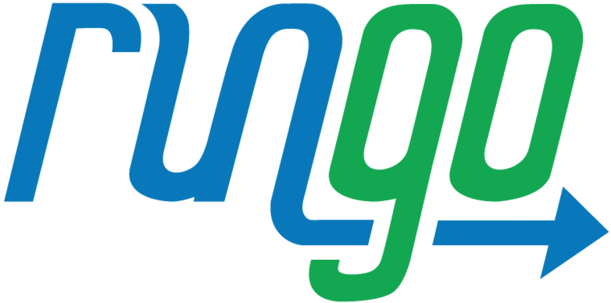 Rungo_logo.png: The image shows the stylized word “rungo” in blue and green letters, with an arrow extending from the bottom of the final “o” pointing to the right.