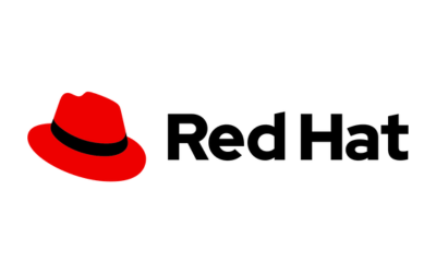 Red Hat logo showing their iconic red fedora hat with black text on a clean white background