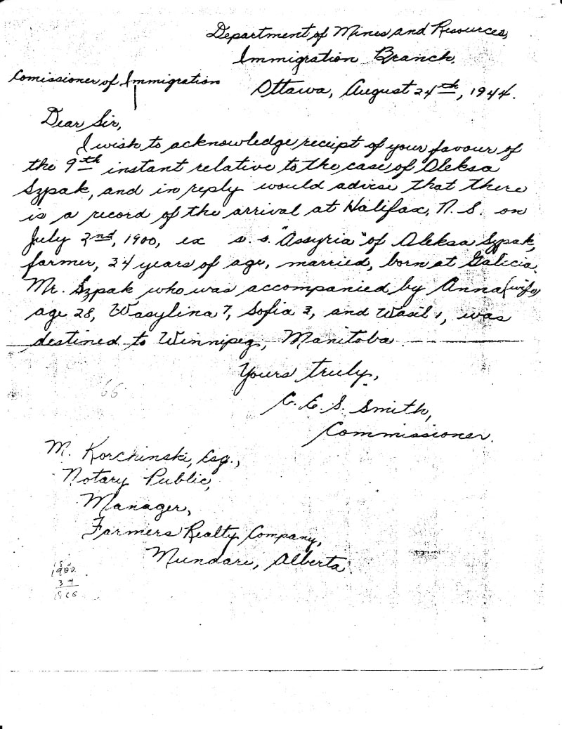 Spaak immigration papers 1944