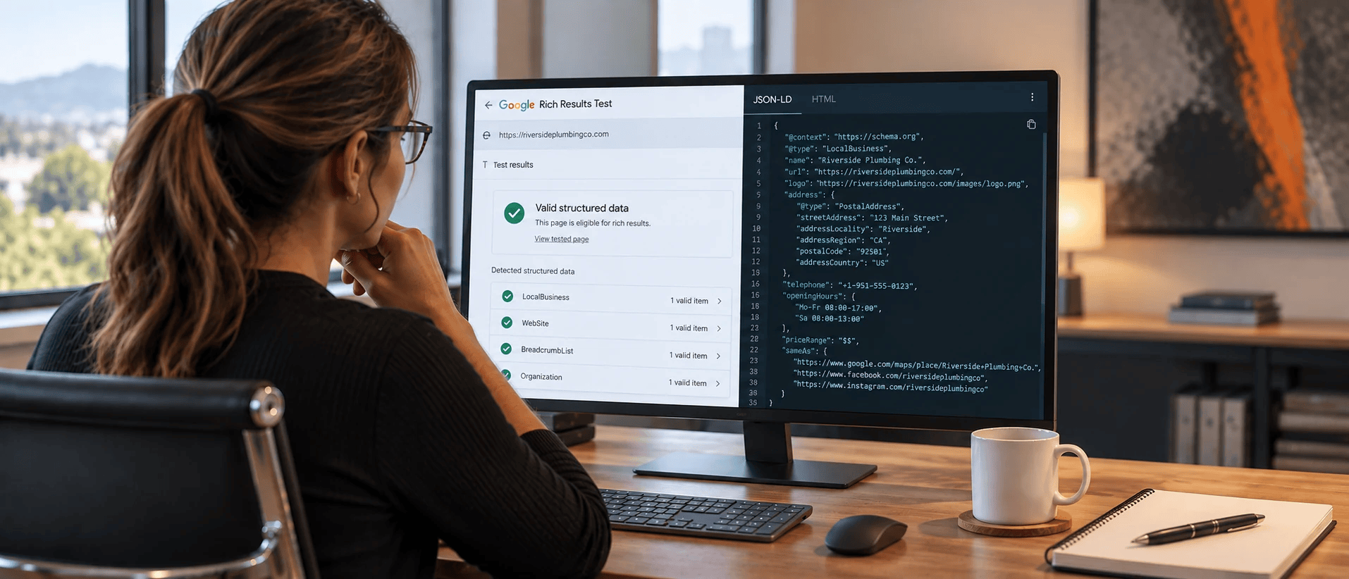 Structured data validation and JSON-LD schema markup displayed on a website development screen.